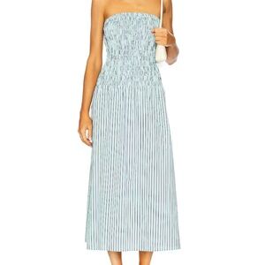 LNA Strapless Smocked Maxi Dress in Light Blue and White Stripes